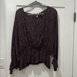Anthropologie Black and Brown Long Sleeve Peplum Blouse